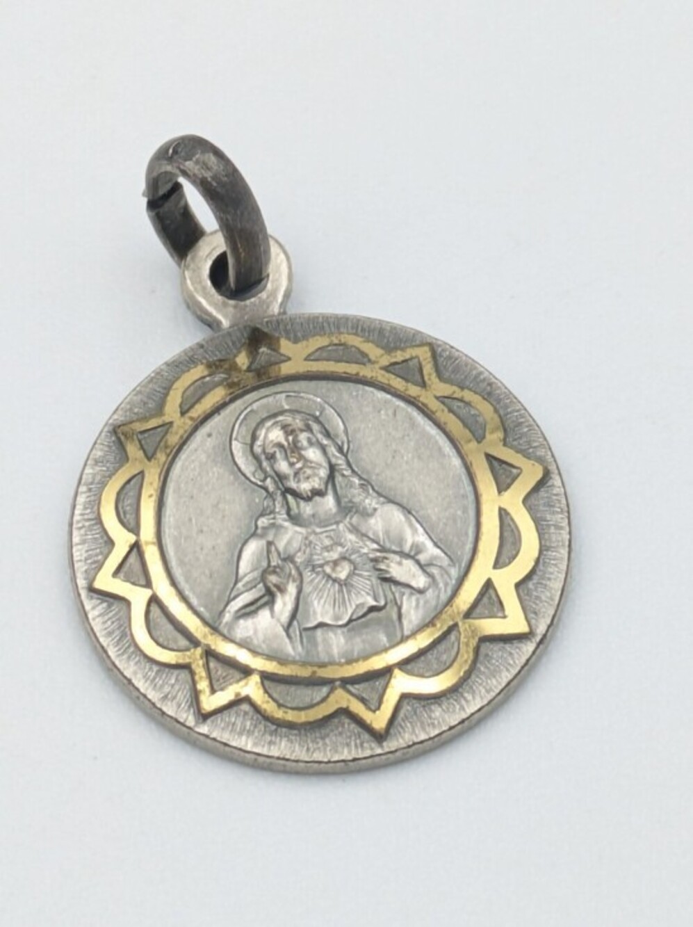 Antique French religious Charm, Sacred Heart of Jesus, Silver Alloy, Gold Wash